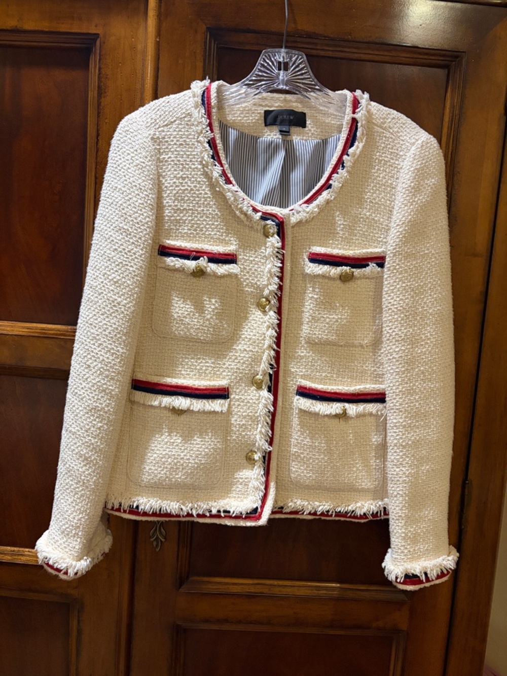 J. Crew Cream Tweed Jacket with Red & Navy Trim